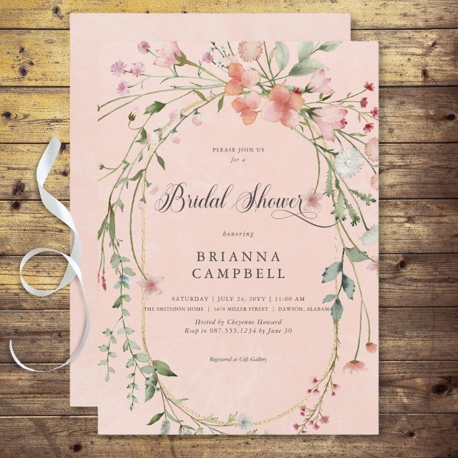 Convite Delicar Chá de panela Russo de Flores Selvagens Ro (Delicate Pink Rustic Wildflowers Bridal Shower Invitation)