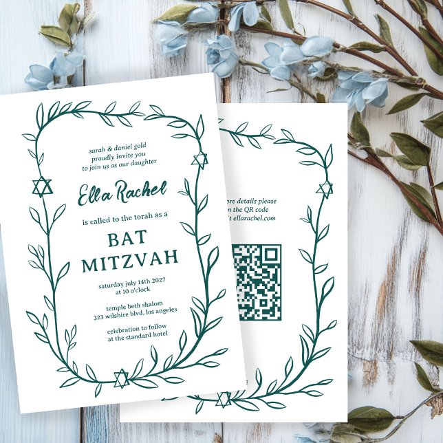 Convite Delicar Código QR PERSONALIZADO do Bar Botânico Ba (Delicate Botanical Bar Bat Mitzvah CUSTOM QR Code Invitation
)
