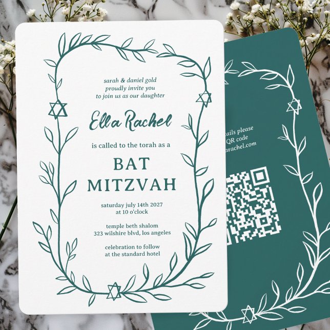Convite Delicar Código QR PERSONALIZADO do Bar Botânico Ba (Delicate Botanical Bar Bat Mitzvah CUSTOM QR Code Invitation Green White Doodle Sketch Hand Drawn)