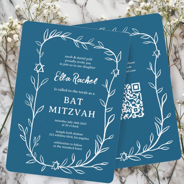 Convite Delicar Código QR PERSONALIZADO do Bar Botânico Ba (Delicate Botanical Bar Bat Mitzvah CUSTOM QR Code Invitation Blue White Hand Drawn Elegant
)