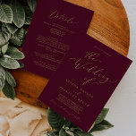 Convite Delicar Dourado e Borgonha Tudo em Um Casamento<br><div class="desc">Este ouro delicado e burgundy tudo em um convite de casamento é perfeito para um casamento moderno. A design romântica minimalista apresenta uma magnífica e elegante tipografia amarela ouro champanhe sobre fundo vermelho burgundy com um aspecto simples e limpo. Salve o papel, incluindo os detalhes na parte traseira do convite...</div>