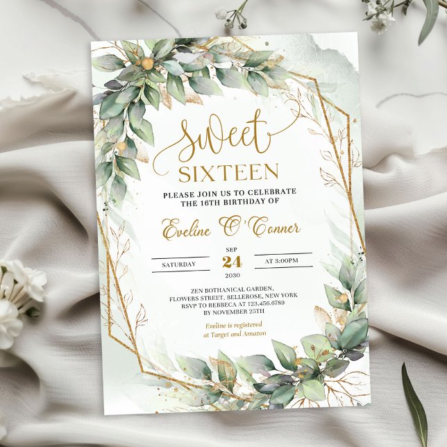 Convite Delicar eucalipto verde e ouro doce dezesseis (Chic watercolor green eucalyptus and gold sweet sixteen invitation digital)