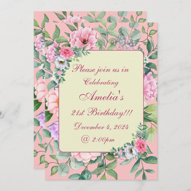 Convite Delicar Festa de Verão Rosa, Festa Floral, Anivers (Frente/Verso)