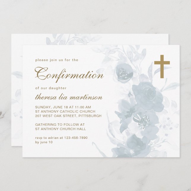 Convite Delicar Floral Azul com Confirmação Cruzada (Frente/Verso)