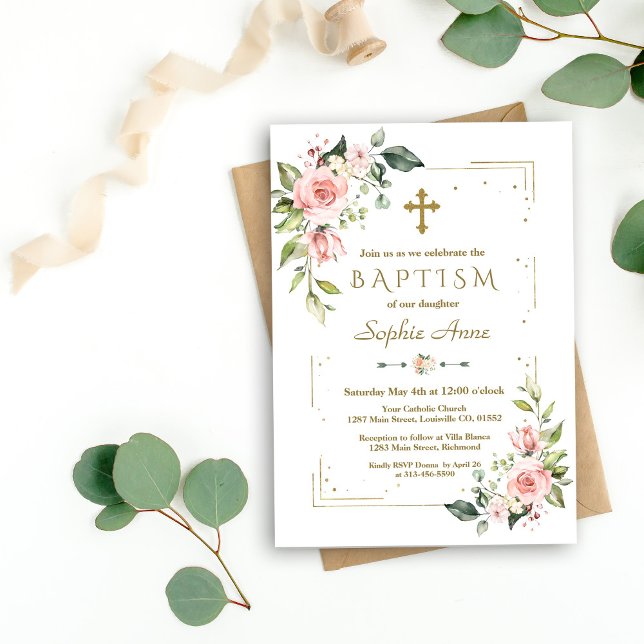 Convite Delicar Flores De Blush Rosa Dourado Batismo De Li (baptism pink flowers gold confetti, trendy rose gold baptism invitation, modern gold floral invite)