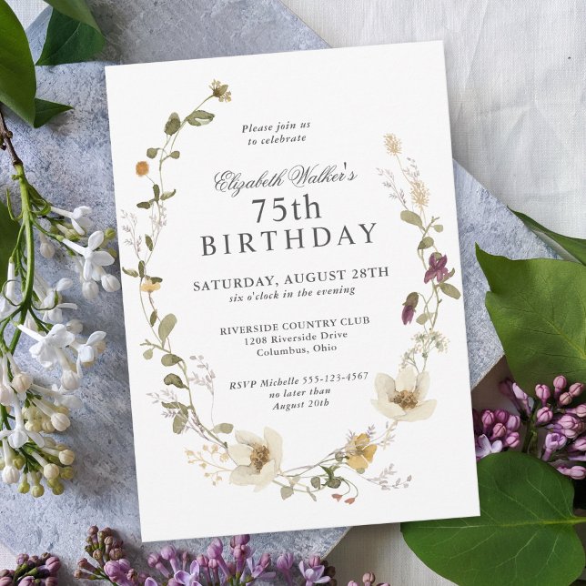 Convite Delicar Flores Selvagens Feminina 75ª Festa de ani (This charming wildflowers botanical 75th birthday invitation is available as a digital download!)