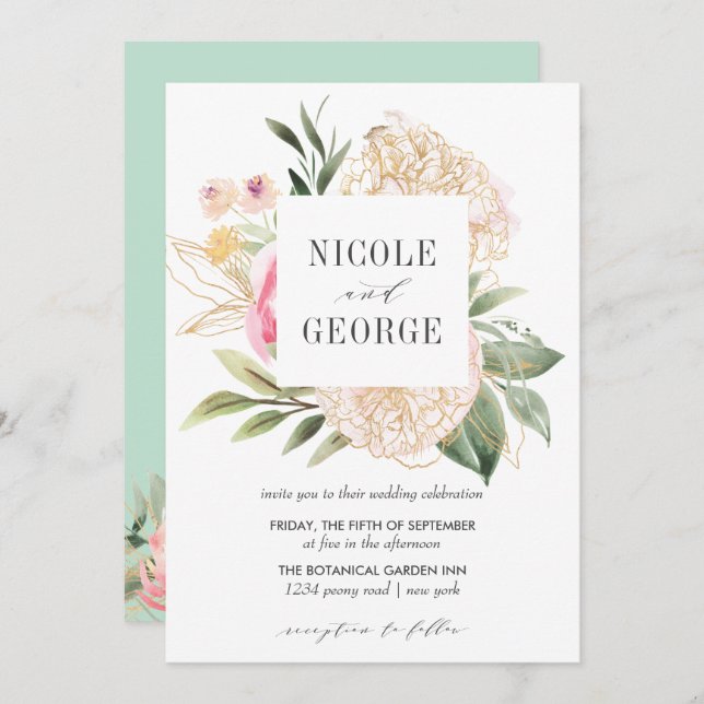 Convite Delicar Peony Dourado Tipografia Casamento de Aqua (Frente/Verso)