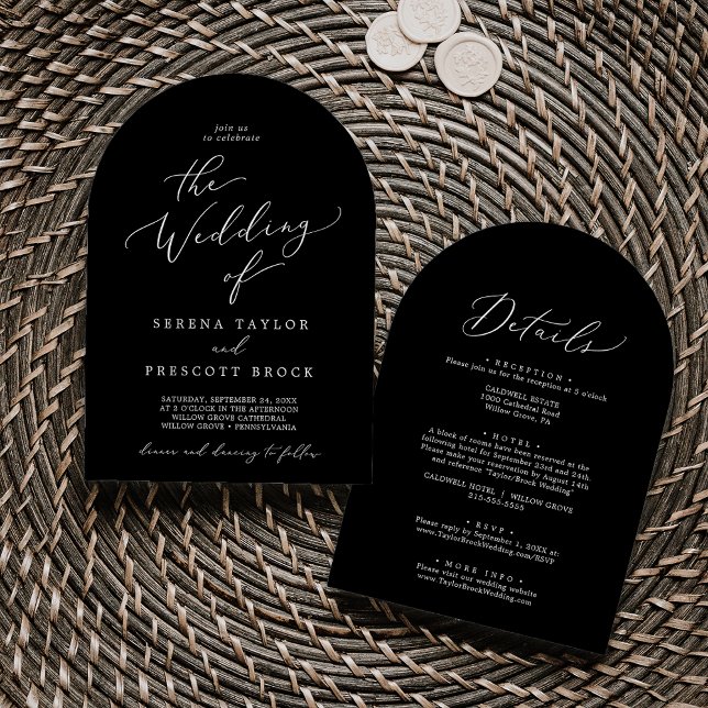 Convite Delicar Preto Escuro Tudo Em Um Casamento De Arco  (Delicate Dark Black All In One Modern Arch Wedding Invitation)