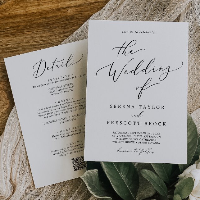 Convite Delicar Preto Tudo Em Um Casamento De Janto QR (Delicate Black All In One QR Dinner Wedding Invitation)