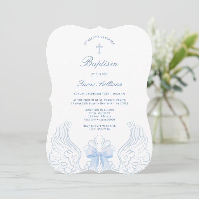 Convite Delicate Angel Wings Blue Bow Baptism (Em pé/Frente)