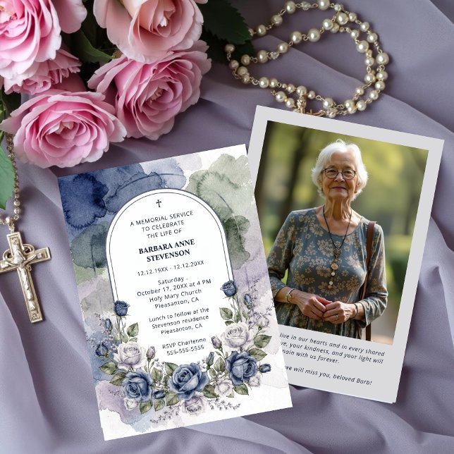 Convite Delicate Arch Blue Green Floral Watercolor Effect  (Delicate Blue and Green Floral Watercolor Effect Arch Funeral Invitation Design with Back Photo.)