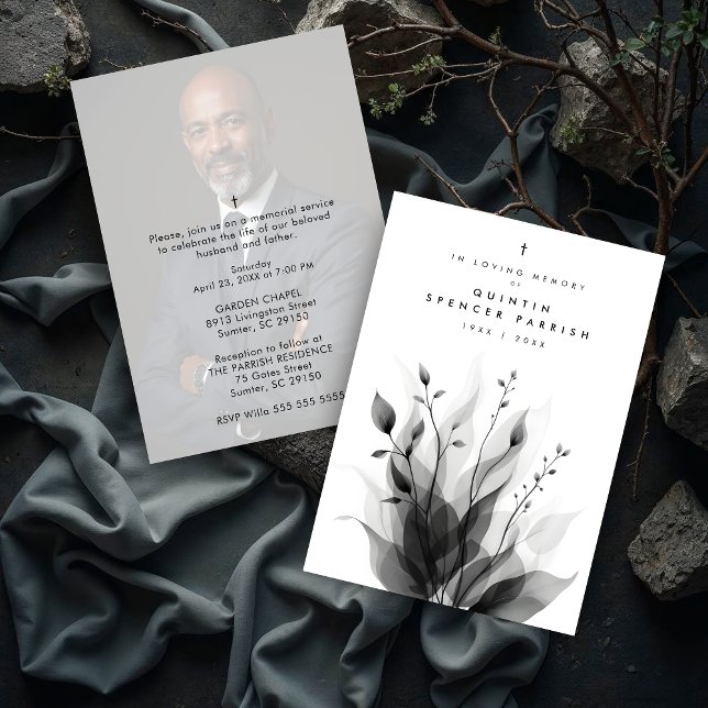 Convite Delicate Black & White Overlapping Leaves & Flower (Delicate Black & White Overlapping Leaves & Flowers Memorial Invitations Cards with Back Photo. )