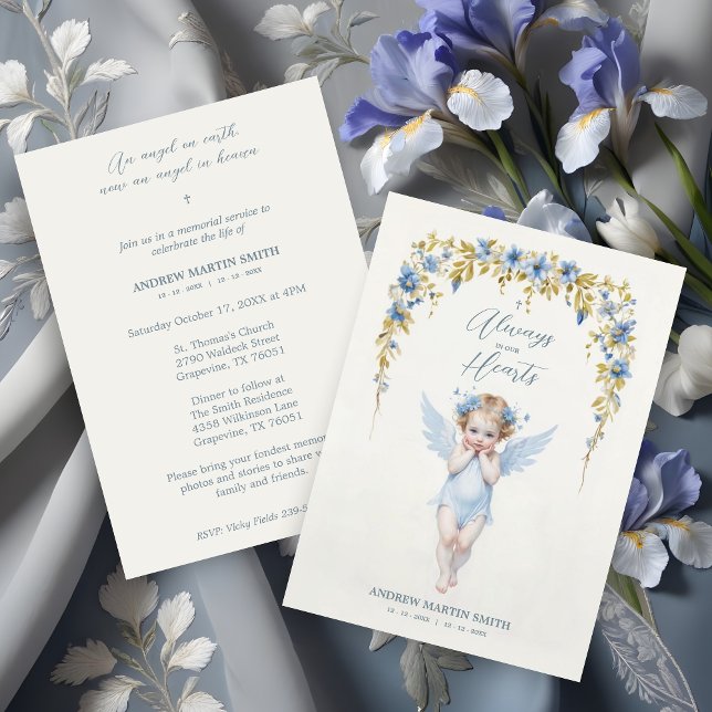 Convite Delicate Blue Angel Condolence Remembrance Babies (Delicate Blue Angel Condolence Remembrance for Baby's Funeral Invitations Cards. )