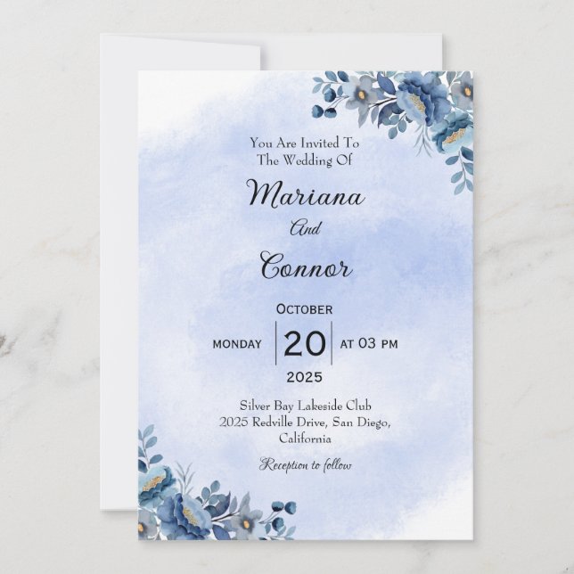 Convite Delicate Blue Floral Wedding Invitation (Frente)