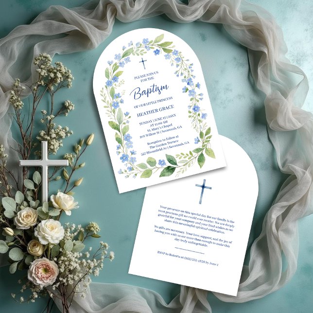 Convite Delicate Blue Shades Floral Frame Arch Baptisme (Delicate Digital Watercolor Blue Shades Floral Frame Arch Shape Baptism Invitation Cards. )