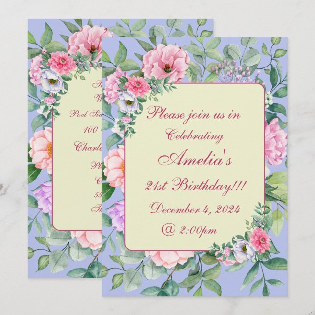 Convite Delicate Blue Summer Garden Party Floral (Frente/Verso)