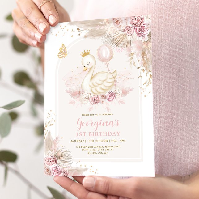 Convite Delicate Blush Boho Swan Princess Girl Aniversário (Criador carregado)