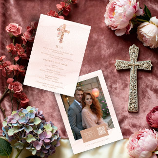 Convite Delicate Blush Glitter Christian Cross Wedding