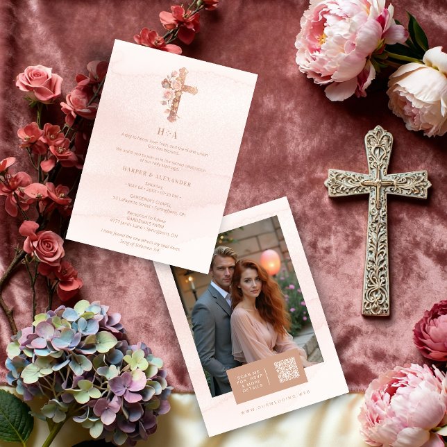 Convite Delicate Blush Glitter Christian Cross Wedding (Delicate Charming Blush Pink Glitter Christian Cross Wedding Invitation Cards with Back Photo.)