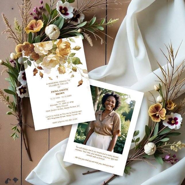 Convite Delicate Brown & Marfil Botanical Floral Funeral (Delicate Brown and Beige Botanical Floral Funeral Invitation Design with Back Photo. )