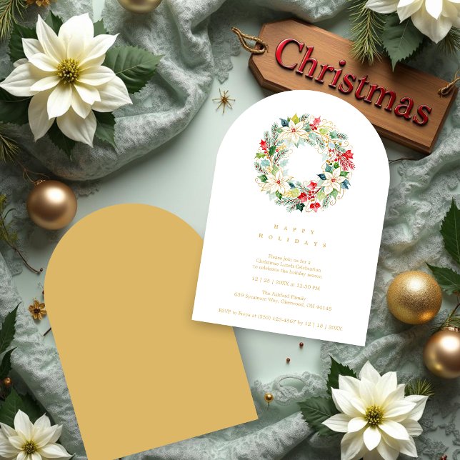 Convite Delicate Chic Winter Christmas Wreath Party (Delicate Chic Winter Christmas Wreath Holiday Party Invitations Cards in Digital Watercolor Style.)