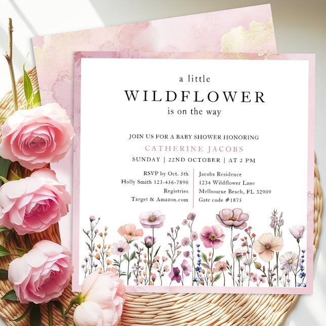 Convite Delicate Dusty Rosa Chá de fraldas de Flor Selvage (Watercolor Wildflower Baby Shower Invitation)