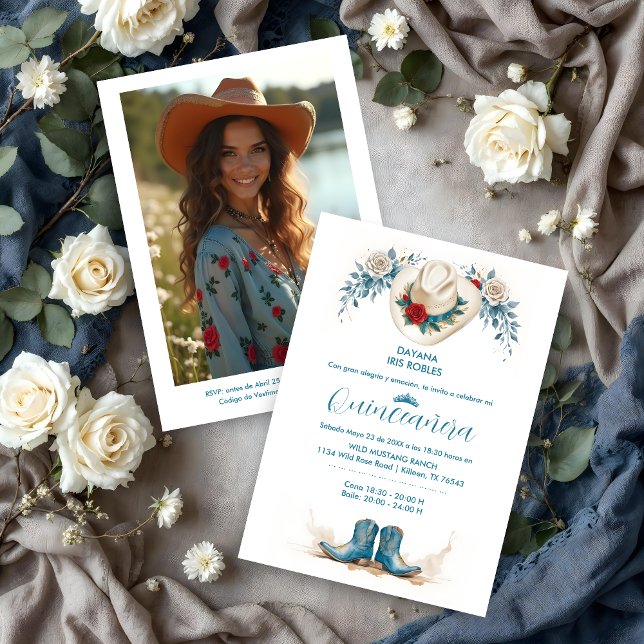 Convite Delicate Elegant Coastal Cowgirl Boots & Hat XVs (Delicate Elegant Coastal Cowgirl Boots & Hat Quinceañera Invitation Cards.)