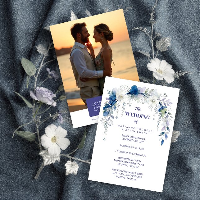 Convite Delicate Floral Botanical Arch Blue Shades Wedding (Delicate Floral & Botanical Arch Blue Shades Wedding Invitation Cards with Back Photo and QR Code.)