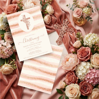 Convite Delicate Floral Cross Romantic Rose Gold
