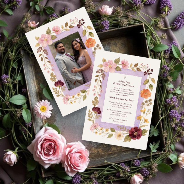 Convite Delicate Floral Frame Christian Catholic Wedding (Delicate Floral Frame Christian Catholic Wedding Invitation Cards in Spanish with Back Photo. )