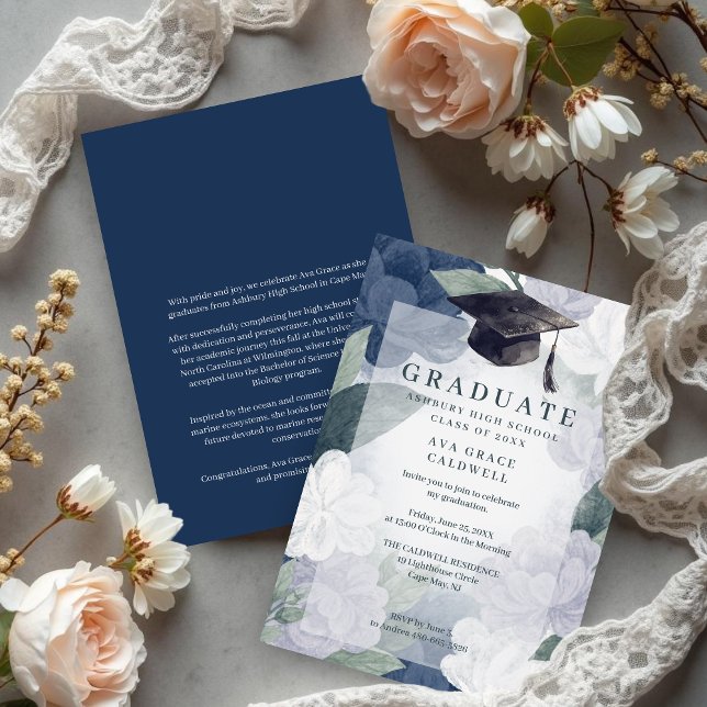Convite Delicate Floral Green and Blue Graduation Party (Delicate Floral Green and Blue Graduation Party Invitation Card Design.)