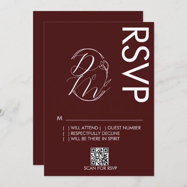 Convite Delicate Floral Logo Wedding Burgundy RSVP Card (Frente/Verso)