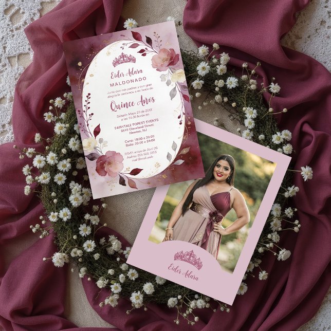 Convite Delicate Floral Oval Quinceañera Tiara Invitation  (Delicate Floral Oval Quinceañera Tiara Invitation Design in Burgundy Tones with Photo Layout.)