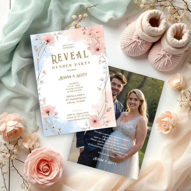 Convite Delicate Floral Pink & Blue Shades Gender Reveal (Delicate Floral Garland in Pink and Blue Shades Gender Reveal Card with Back Photo.)