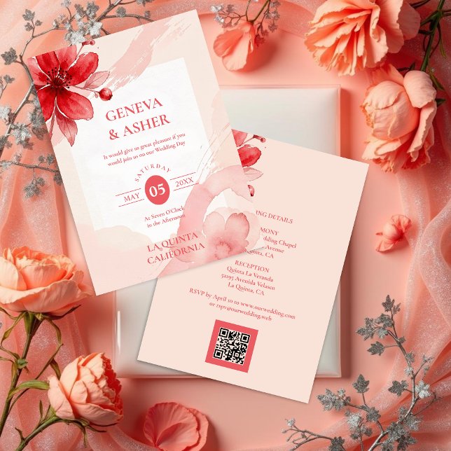Convite Delicate Flowers Juicy Red & Pinky Pink Editorial (Delicate Romantic Flowers Juicy Red & Pinky Pink Editorial Wedding Invitation with Back QR Code.)