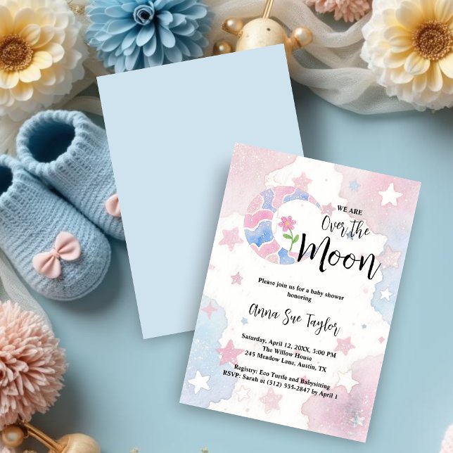 Convite Delicate Glitter Crescent Moon Blue Baby Shower (Delicate Watercolor Style Glitter Crescent Moon with Pink Flower Inside on a Background with Stars.)