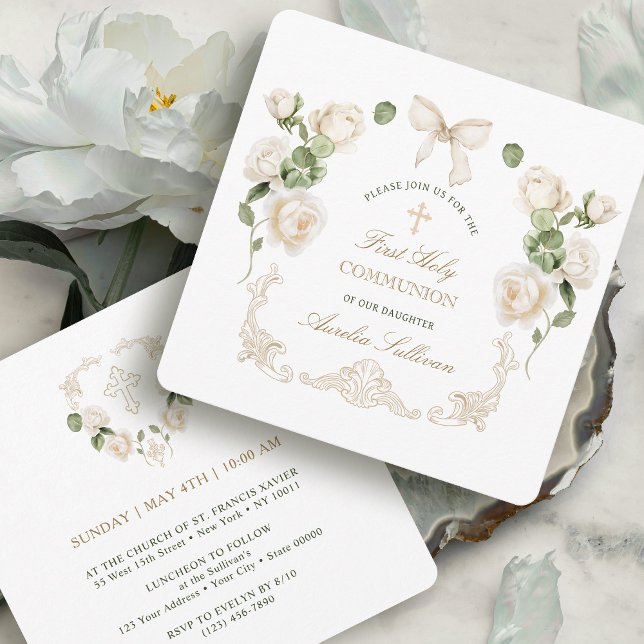 Convite Delicate Ivory Roses Frame First Communion Small (Criador carregado)