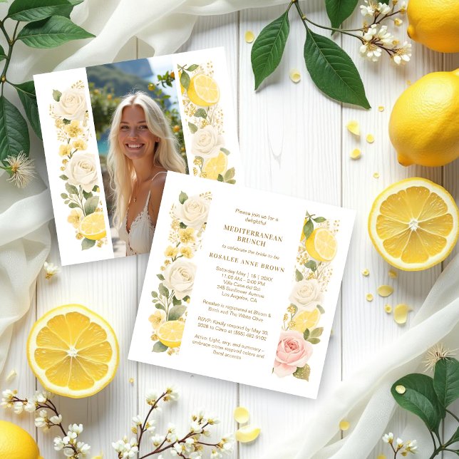 Convite Delicate Mediterranean Lemons Flowers Greenery (Delicate Pastel Mediterranean Lemons Flowers Greenery Wedding Bridal Shower Invitation Cards.)