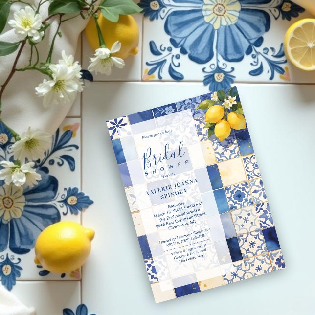 Convite Delicate Mediterranean Tiles and Lemons Flowers (Delicate Mediterranean Tiles and Lemons Flowers in Blue Shades Wedding Bridal Shower Invitations.)