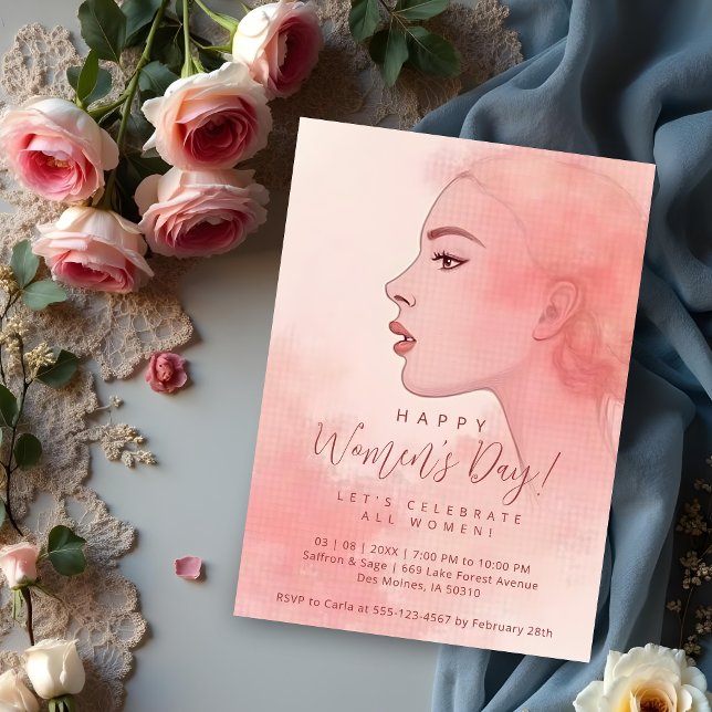 Convite Delicate Minimalist Woman Pink Happy Women's Day (Delicate Minimalist Woman in Pink Happy Women's Party Invitations Cards. Let's Celebrate All Women.)