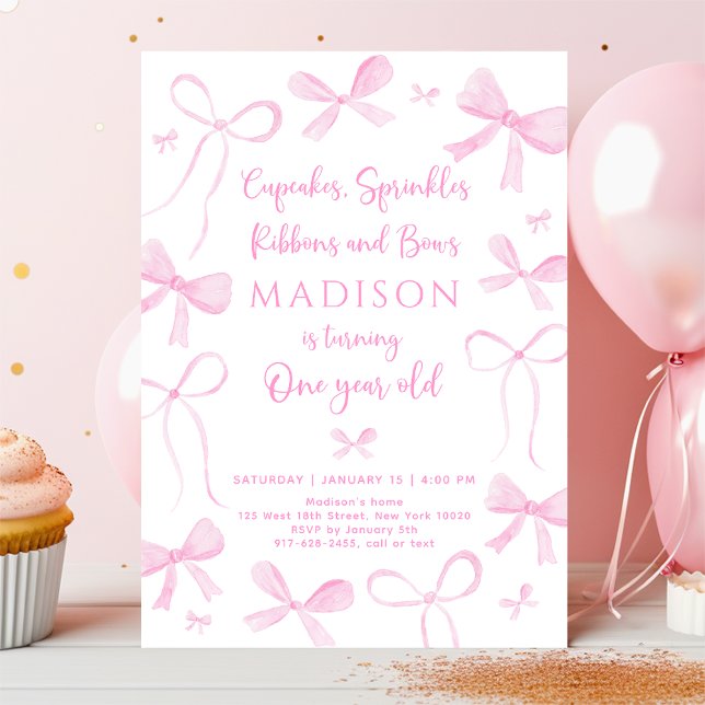 Convite Delicate Pink Bows First Birthday (Criador carregado)