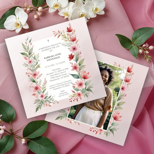 Convite Delicate Pink Cherish Botanical Wildflower Funeral (Delicate Pink Shades Cherish Botanical Wildflowers Branches Photo Funeral Invitations Cards.)