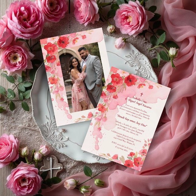 Convite Delicate Pink Floral Frame Christian Catholic (Delicate Pink Floral Frame Christian Catholic Wedding Invitation Cards in Spanish with Back Photo.)