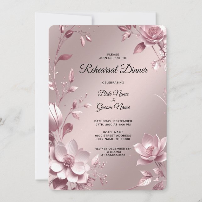 Convite Delicate Pink Floral Frame Rehearsal Dinner (Frente)