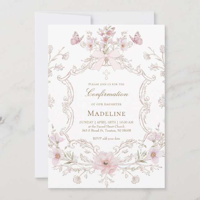 Convite delicate pink flowers frame Confirmation girl (Frente)