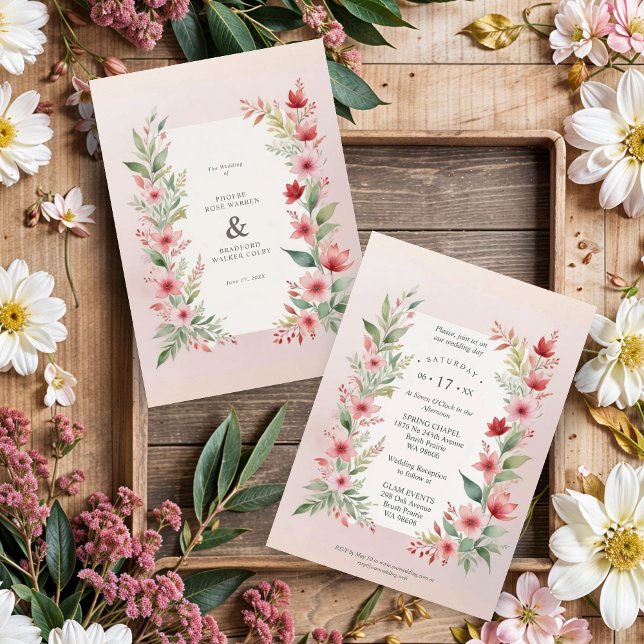 Convite Delicate Pink Shades Cherish Botanical Wildflowers (Delicate Pink Shades Cherish Botanical Wildflowers Branches Wedding Invitations Cards.)