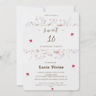 Convite Delicate Primavera Wildflower Sweet 16 Surprise Pa