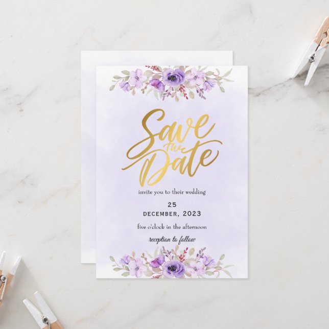 Convite Delicate Purple Floral Wedding Save the Date (Frente/Verso In Situ)
