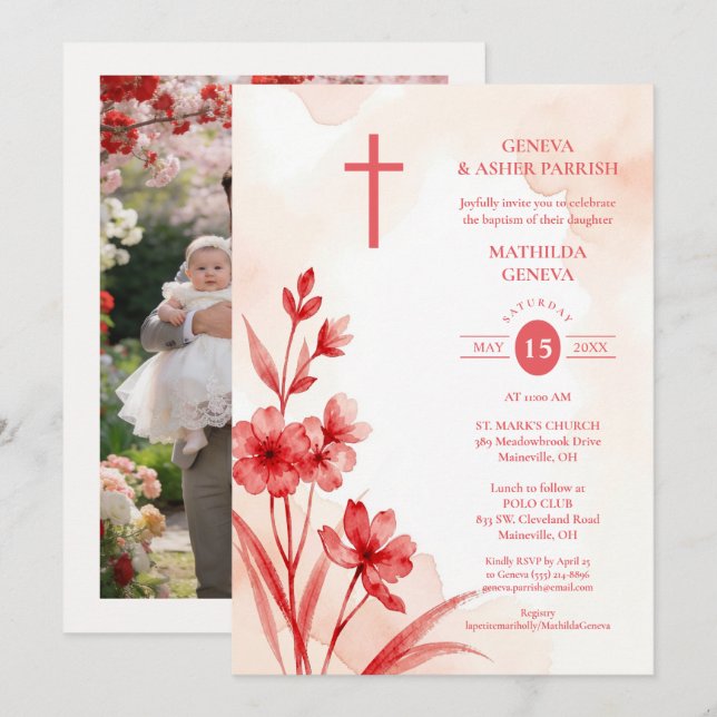Convite Delicate Red & Pink Wildflowers Baptism Photo (Frente/Verso)
