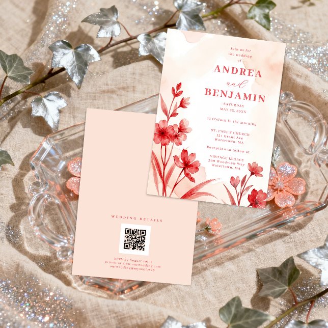 Convite Delicate Romantic Bloom Juicy Red & Pinky Pink  (Delicate Romantic Bloom Juicy Red & Pinky Pink Editorial Wedding Invitation with Back QR Code. )